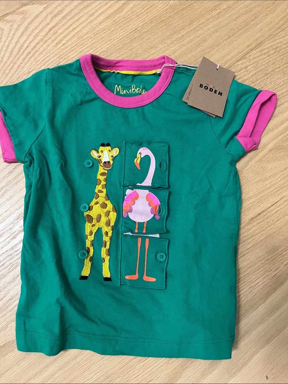 Boden Green Tee with Pink Trim and Giraffe & Flamingo Appliqués